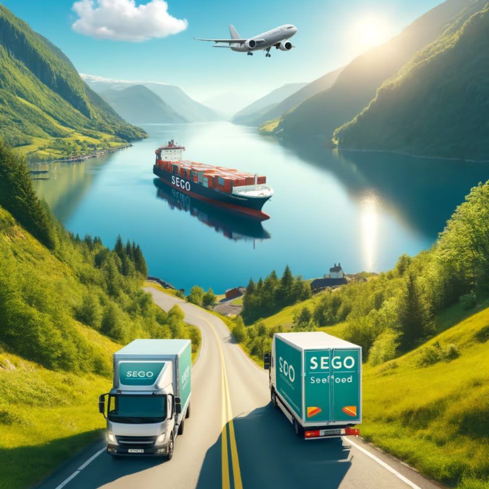 Sego Seafood logistics illustrated — a container ship, a plane and trucks moving seafood through a Norwegian fjord landscape
