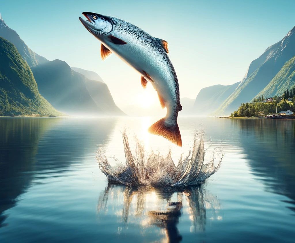 Atlantic salmon leaping out of a calm Norwegian fjord surrounded by mountains